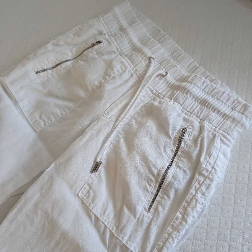 Athleta Cabo 100% Linen Wide Leg Pants Elastic waist Zip pockets, White, size 0 - Picture 5 of 15